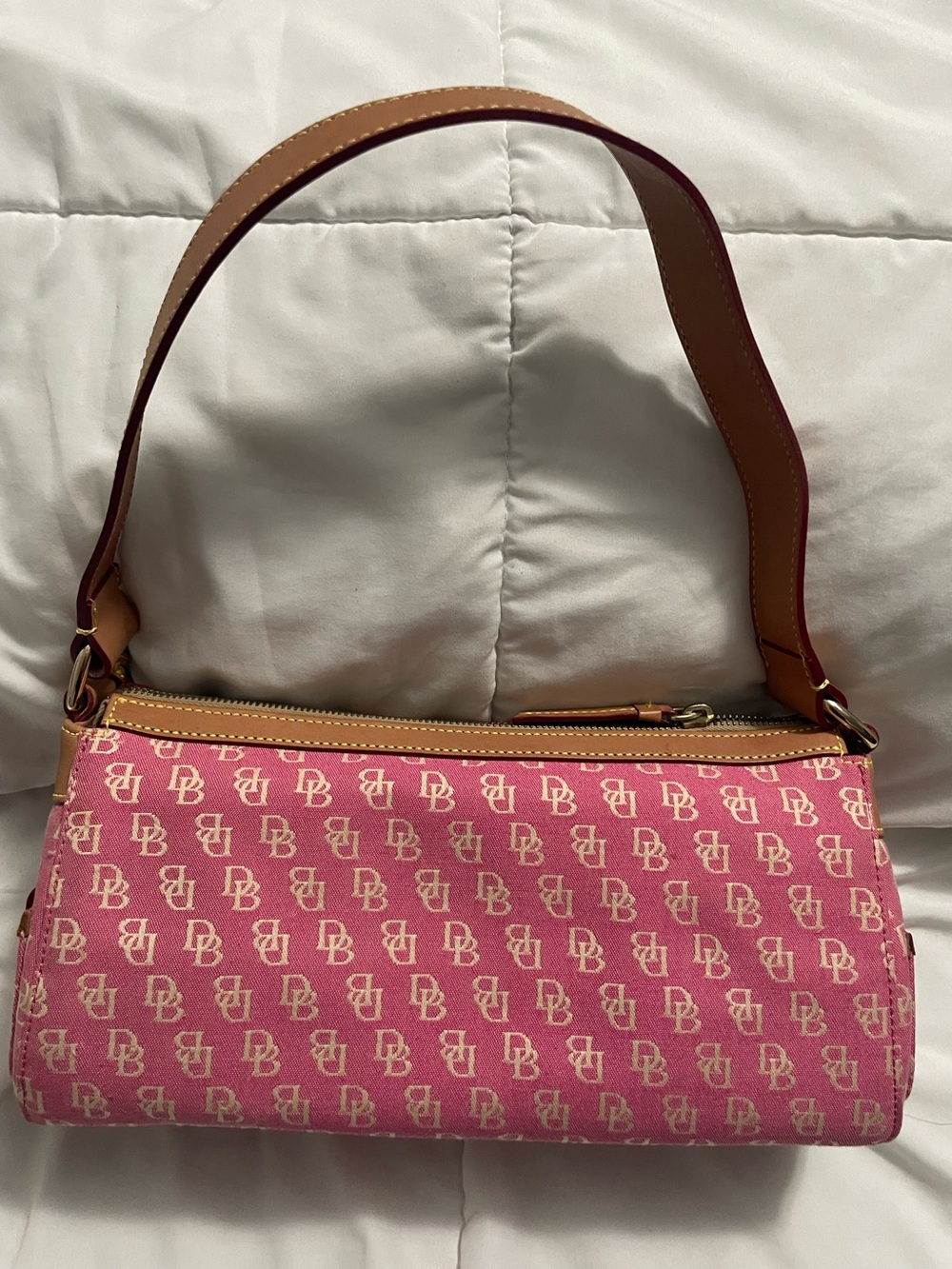 Dooney and Bourke small Pink Monogram denim Shoulder Bag with Tan Trim Y2K - Picture 3 of 5
